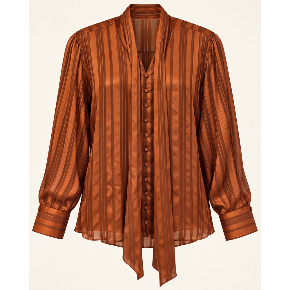 Chicos Blouse Size 3 16/18 Rust Orange Pinstripe Tie Neck Button Front Secretary